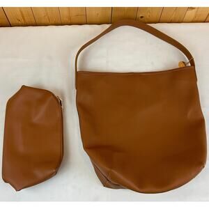 Four Happiness, Tote Bag and Makeup Bag, Carmel Colored Leather